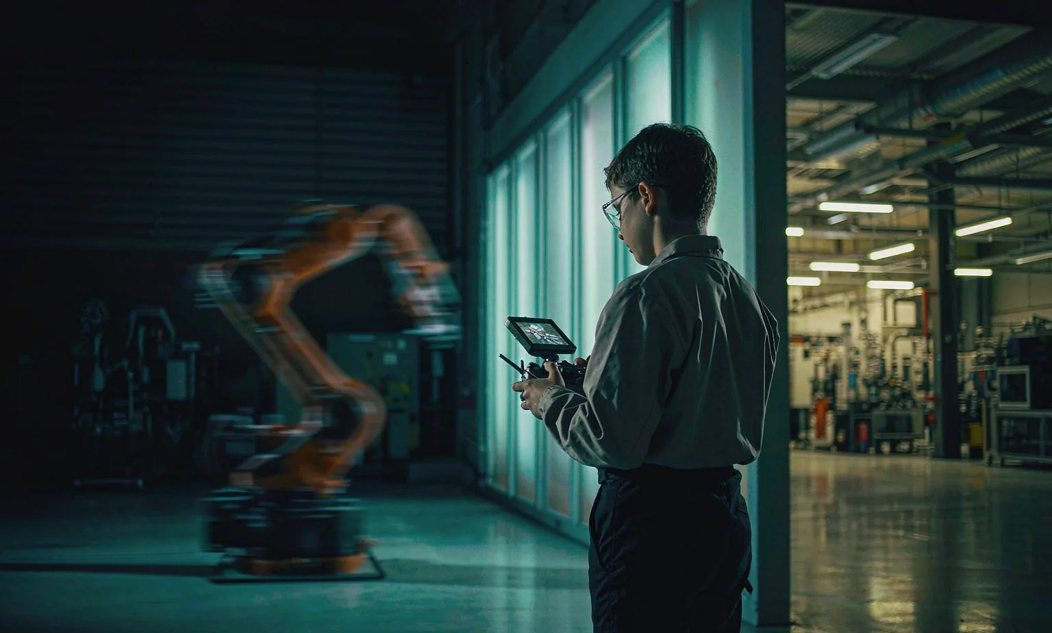 A student operating a drone controller inside a manufacturing hall in southern China
