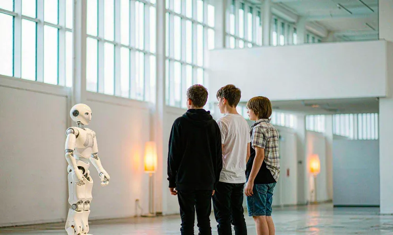 Students looking at a humanoid robot in a robotics exhibition hall in Shenzhen