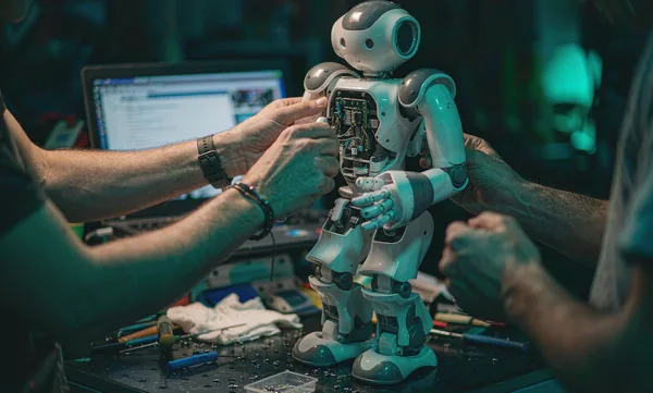 Students assembling a small robot on a technical workbench